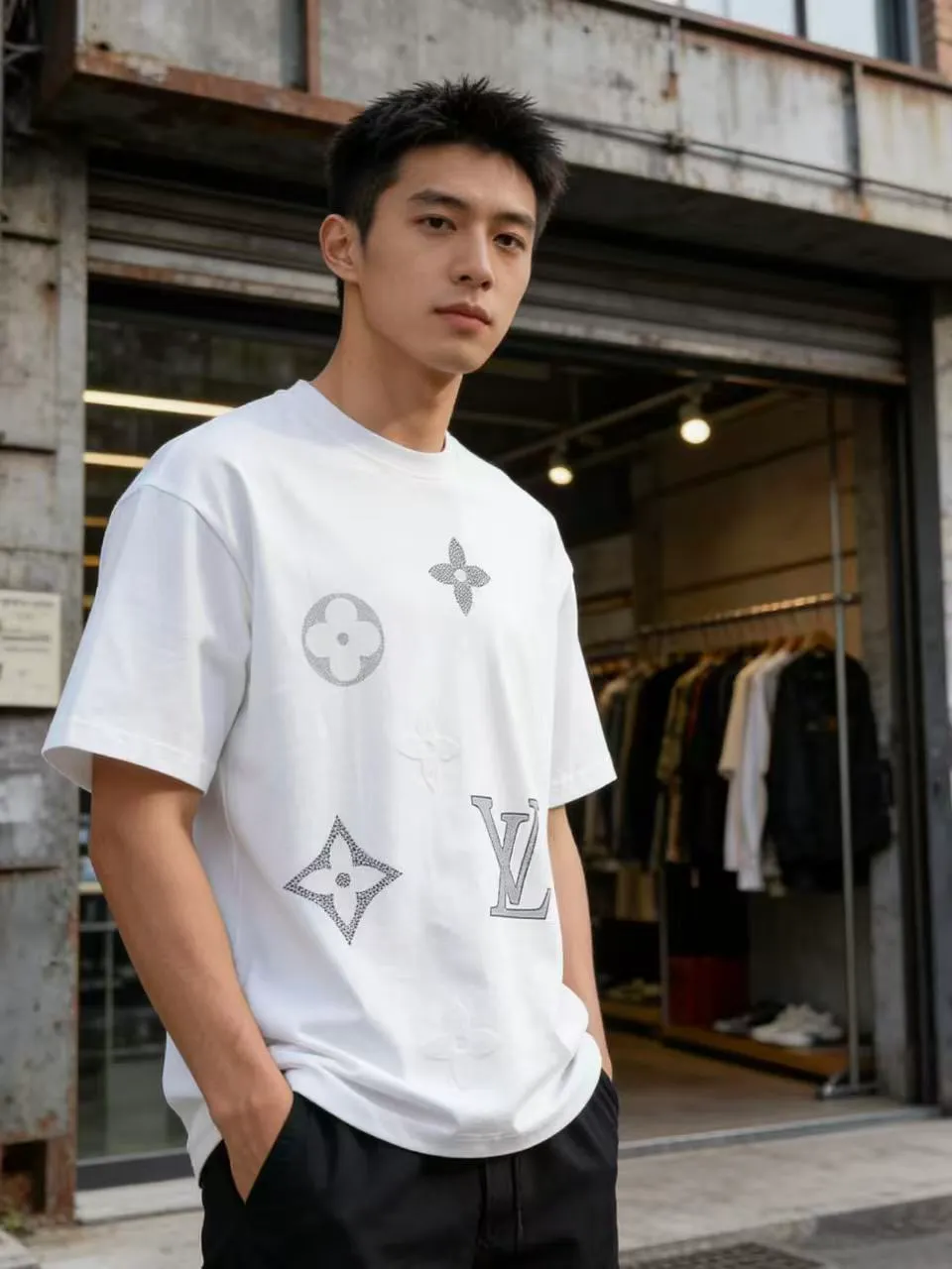 Louis Vuitton/Louis Vuitton flocked logo printed short sleeves
